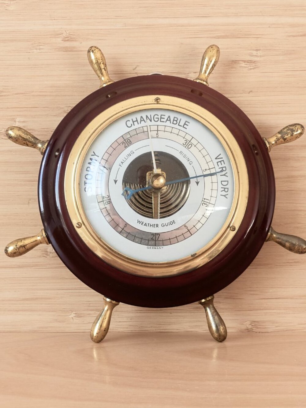 Vintage Germany Nautical Barometer Ship Wheel Wood Brass Wall Decor